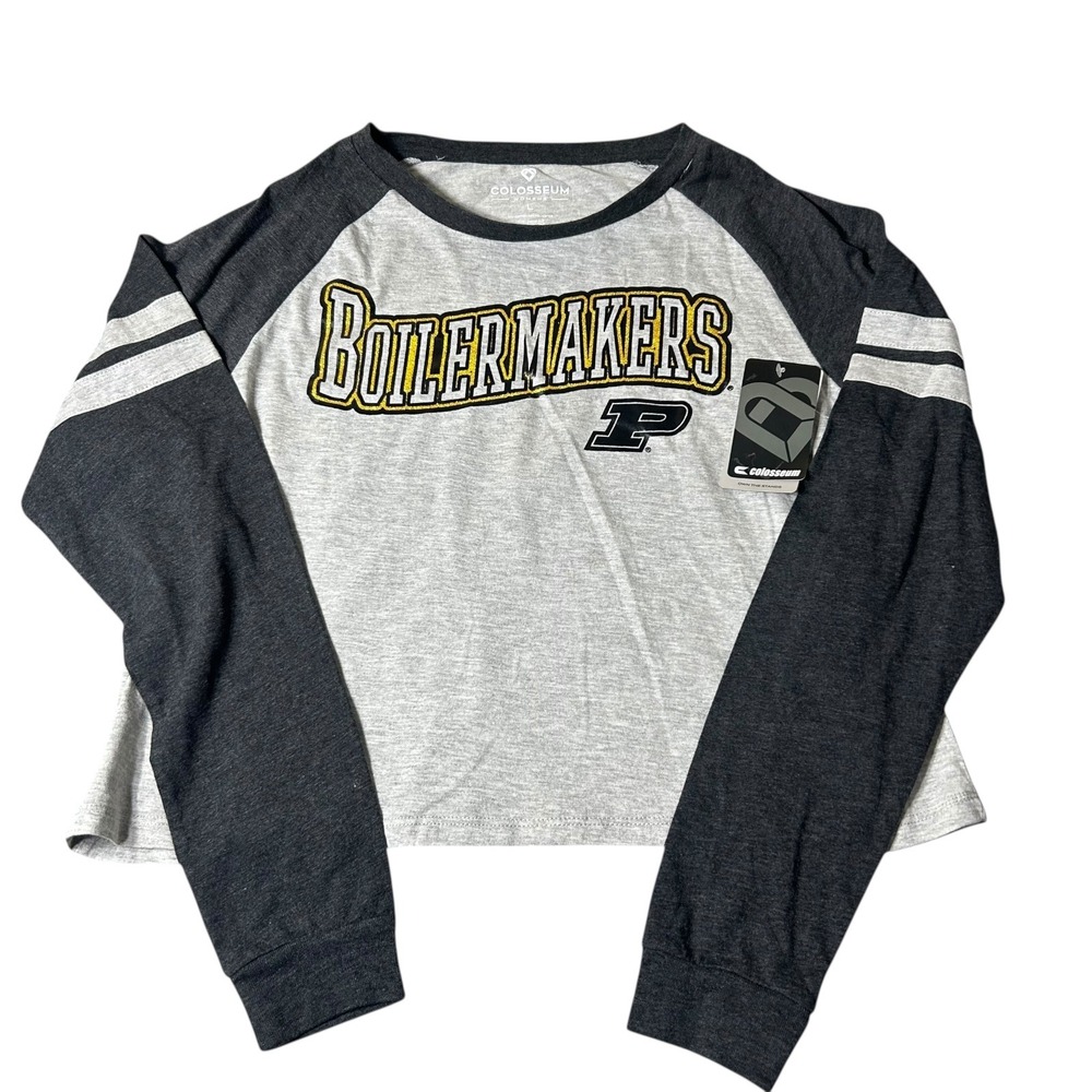 Purdue Boilermakers Top Womens L Gray‎ Colosseum Raglan Crop Shirt NEW